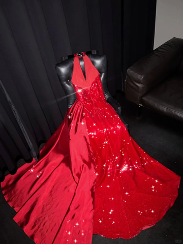 Sexy A Line V Neck Red Flower Sequin Satin Long Prom Dress Party Dress HZ1023